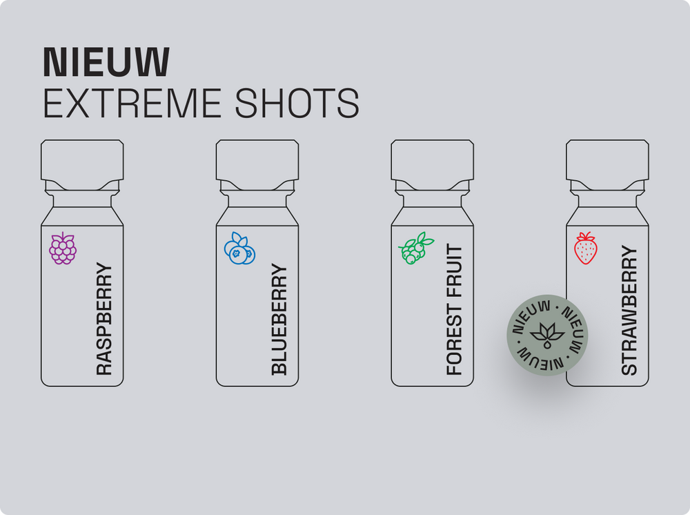 Nieuwe Extreme Shots met smaken: framboos, bosbes, bosvrucht en aardbei