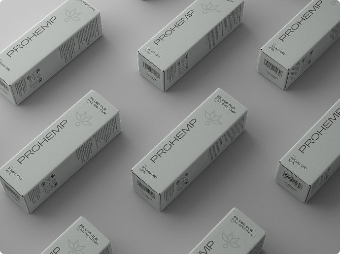 Gray Prohemp CBD oil boxes arranged diagonally on a minimalist neutral background.