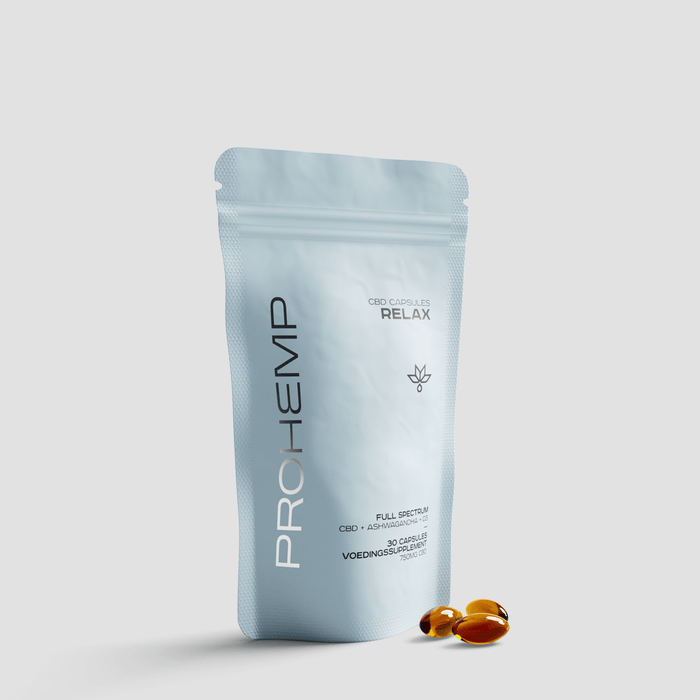 CBD capsules pouch labeled Relax with softgel capsules on a white background