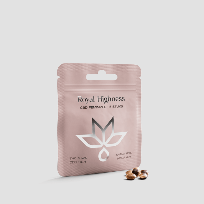 Royal Highness CBD feminized seeds packet with visible seeds, minimalist design