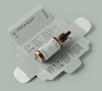CBD oil dropper bottle on open packaging with natural minimalist design